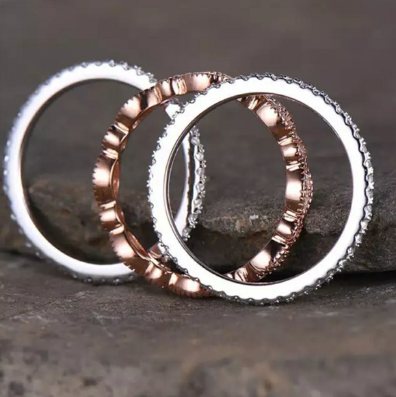 Rose Gold Silver 3 Ring Eternity wedding Bands - Picture 4 of 5